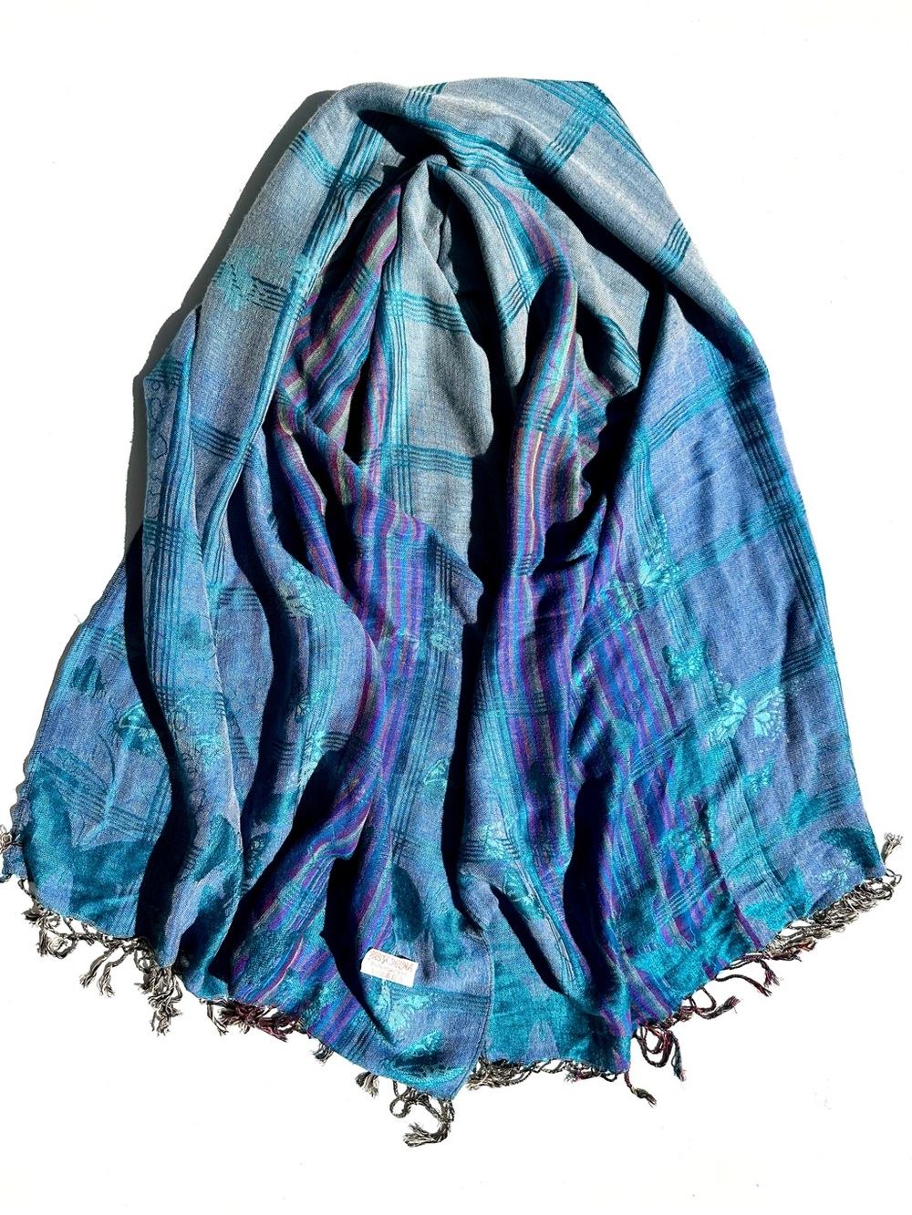 Pashmina & Silk Blue Teal Pink Plaid Butterfly Women’s Scarf Shawl Wrap, 64”x28”